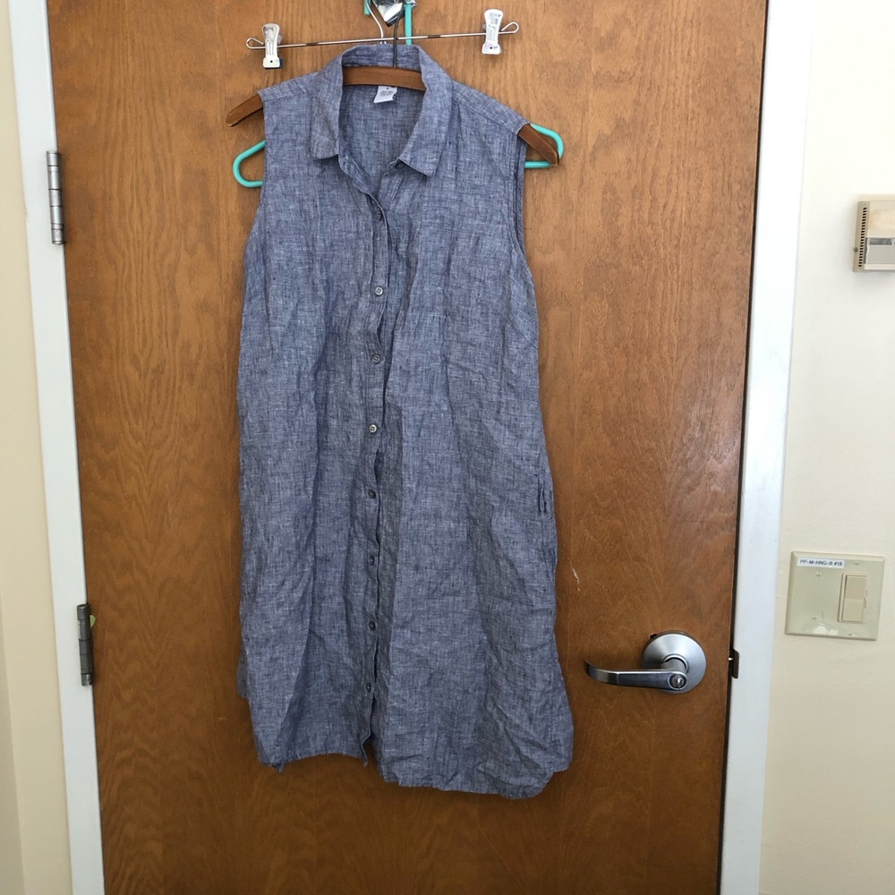 Sleeveless Gray blue  Button-Up 100% linen Dress